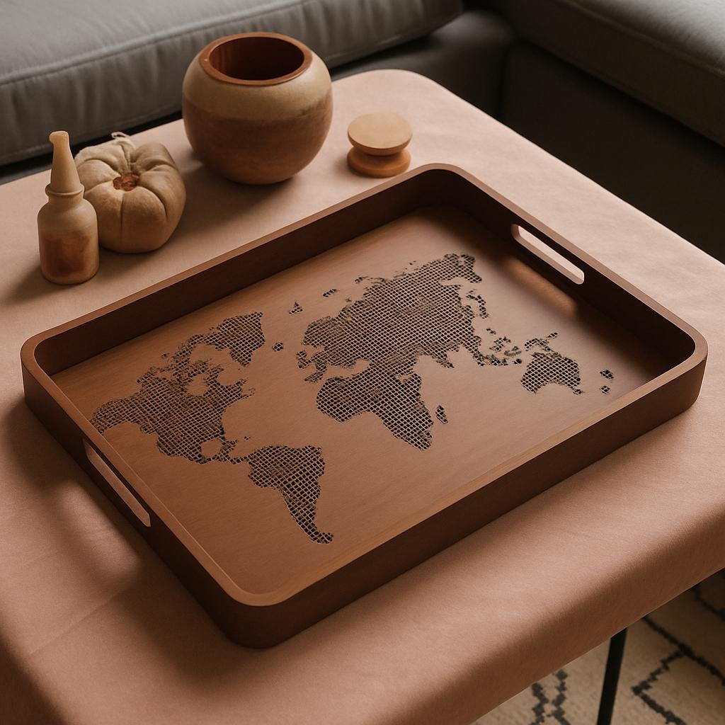 World Map Design Utility Tray – Decorative Catchall with Handles | Black Matte Finish