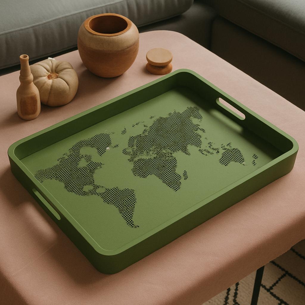 World Map Design Utility Tray – Decorative Catchall with Handles | Black Matte Finish