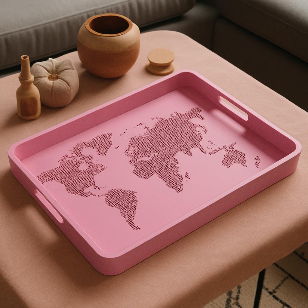 World Map Design Utility Tray – Decorative Catchall with Handles | Black Matte Finish