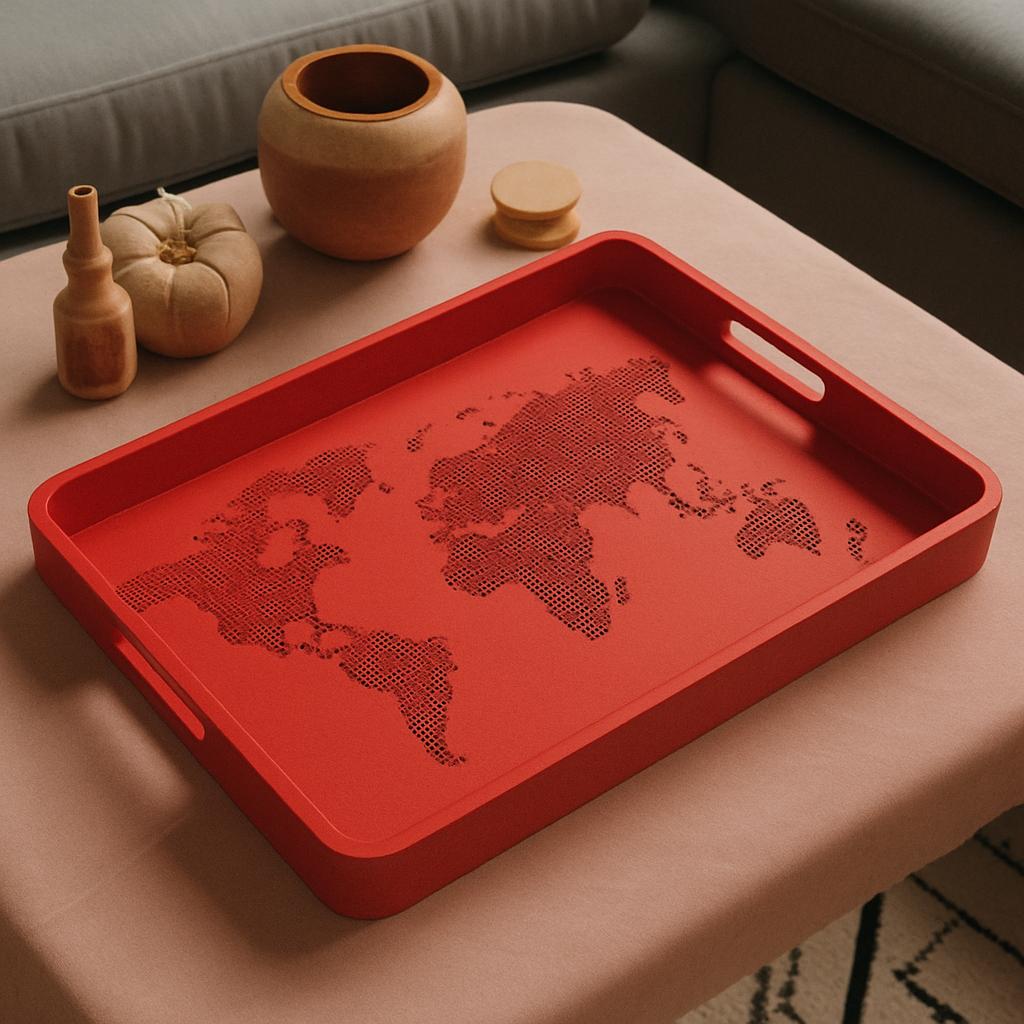 World Map Design Utility Tray – Decorative Catchall with Handles | Black Matte Finish