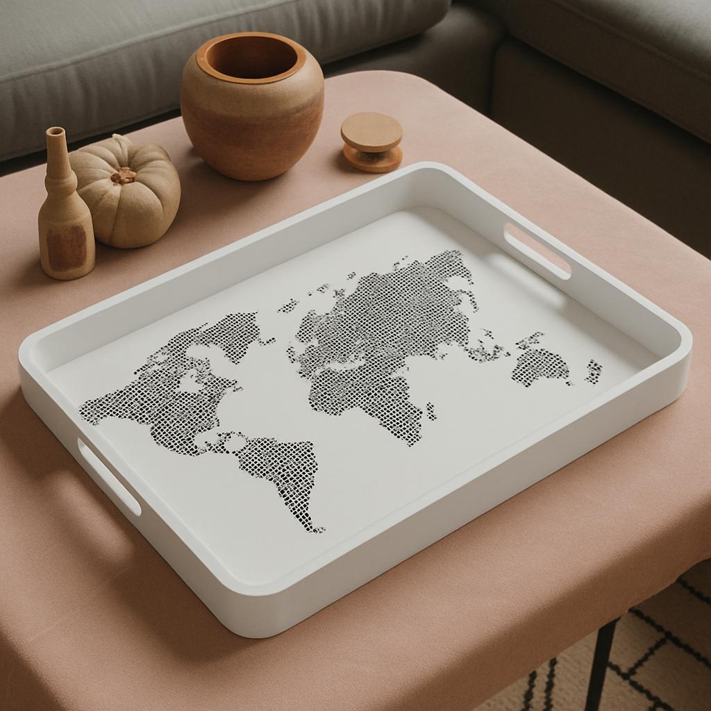 World Map Design Utility Tray – Decorative Catchall with Handles | Black Matte Finish