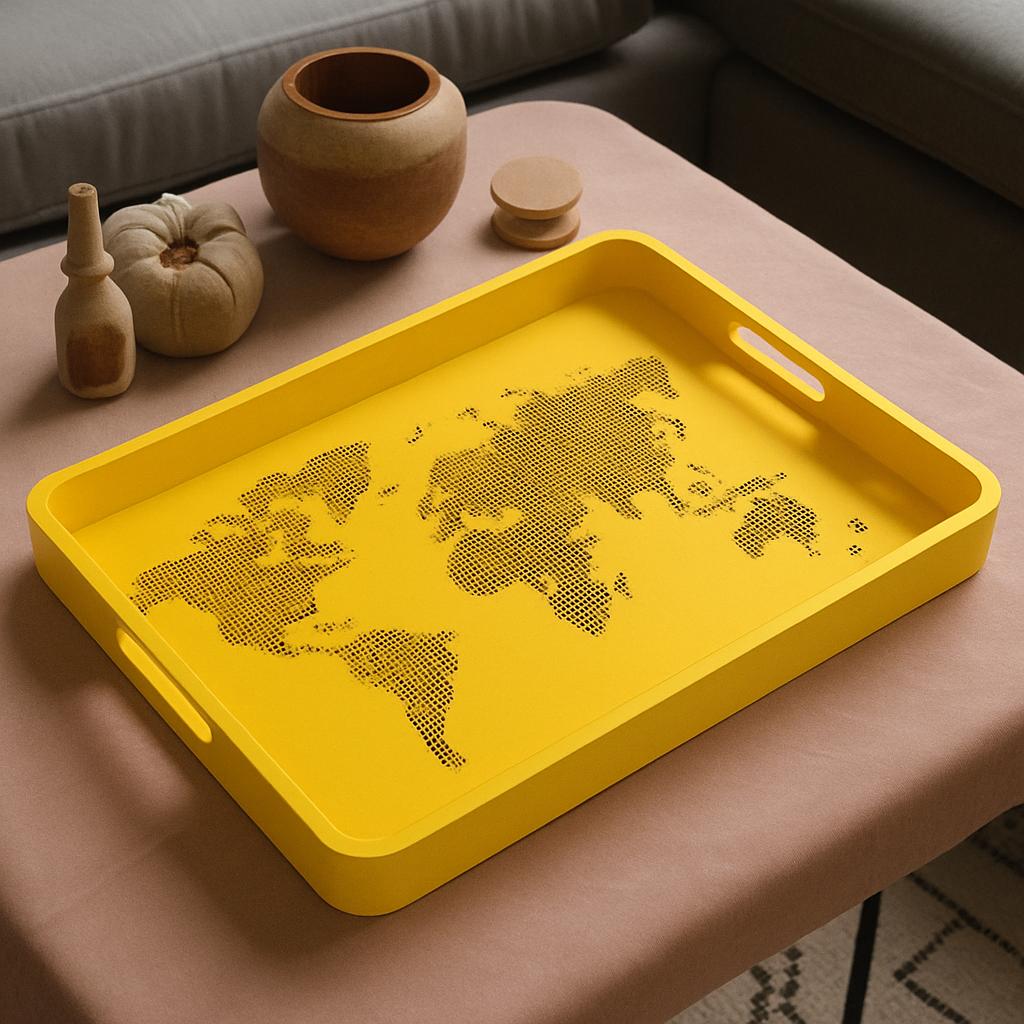 World Map Design Utility Tray – Decorative Catchall with Handles | Black Matte Finish