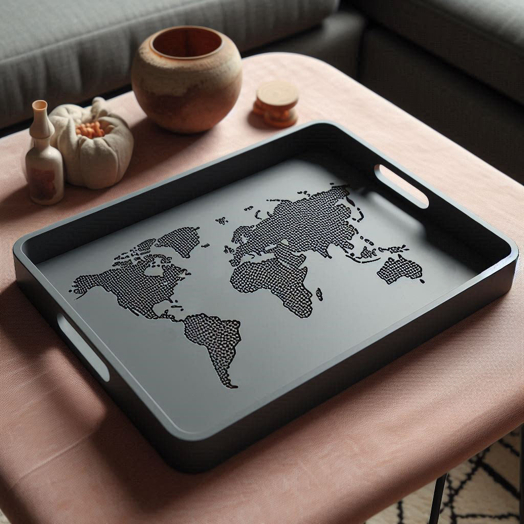 World Map Design Utility Tray – Decorative Catchall with Handles | Black Matte Finish